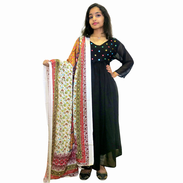 Georgette Yoke Pleated Dress with Glass Work and Pakistani Dupatta Set
